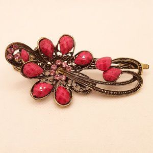Large Antiqued Bronze Tone Pink Rhinestone Floral Hair Clip
